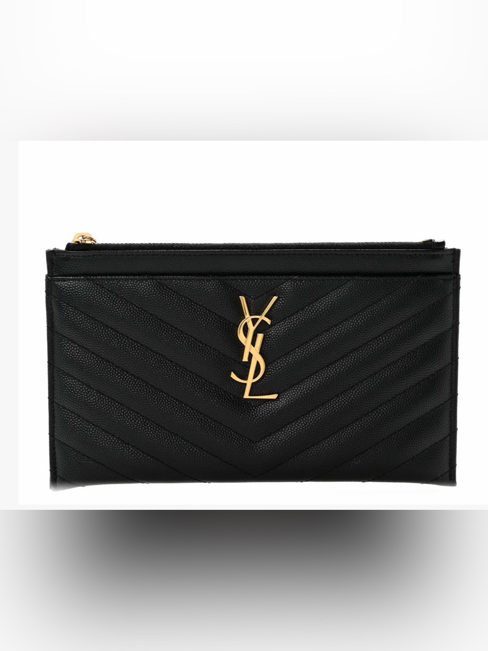 Saint Laurent Grain De Poudre Chevron
Monogram Bill Pouch Black Gold Zipper